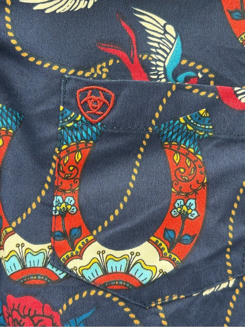 Ariat REAL Kirby Stretch Shirt M Ropey Rose Print Western Horseshoe Floral - Picture 9 of 16